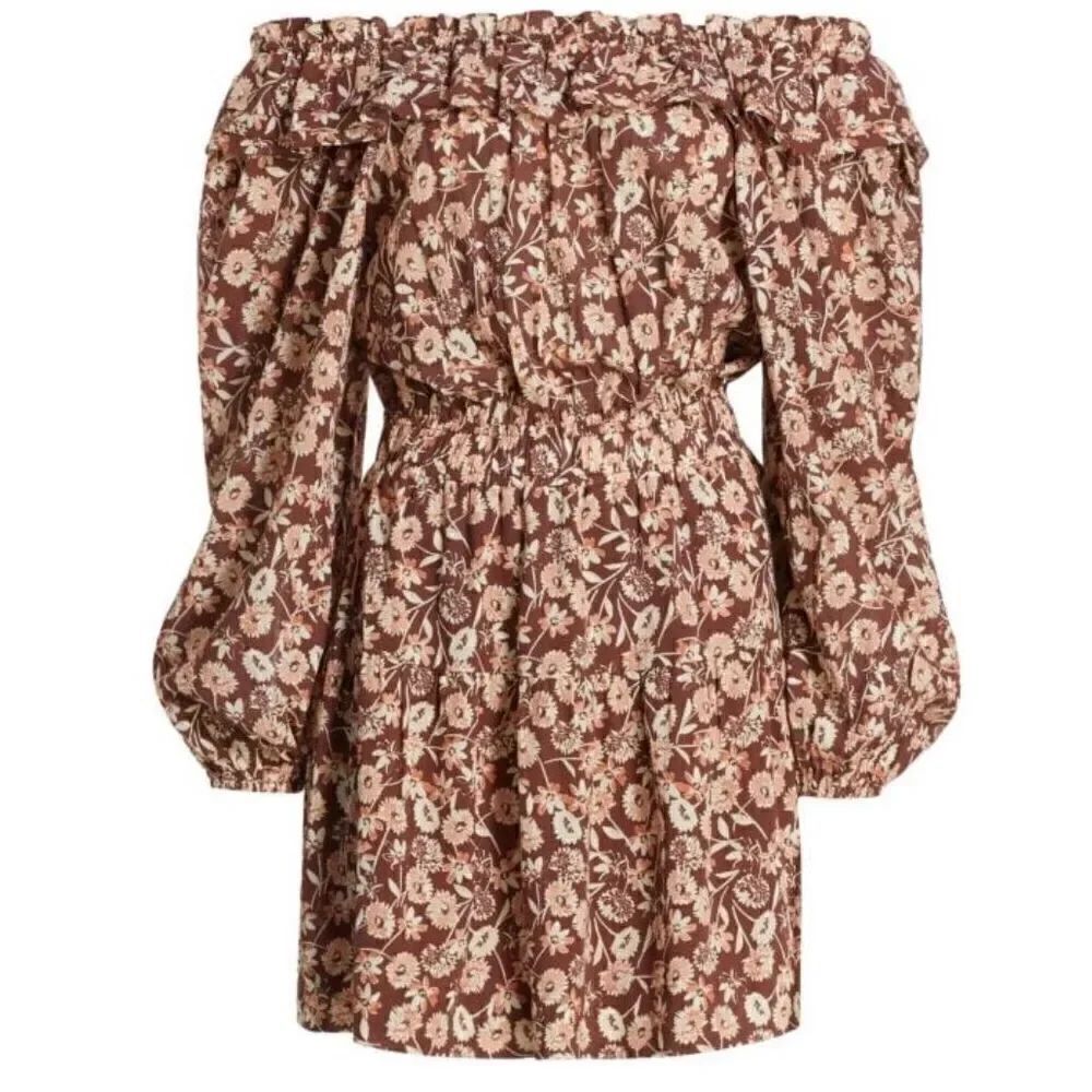 THE WESTSIDE Layla Off Shoulder Mini Dress in Brown Multi NWT Size Medium